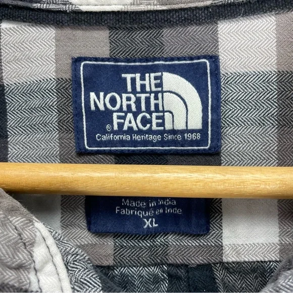 The North Face Plaid Flannel Shirt Men’s XL Gray White Tweed Herringbone Cotton - Picture 4 of 9